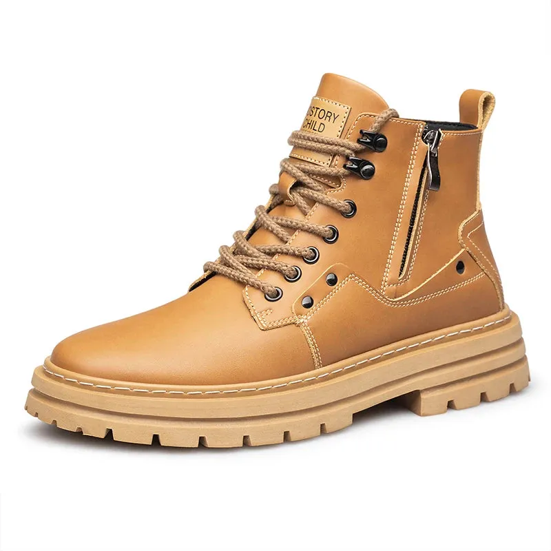 Men's Elevated Shoes Personalized Genuine Leather Boots Men's Outdoor Work Wear Boots Winter High Top Shoes