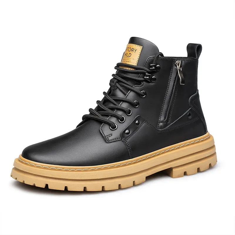 Men's Elevated Shoes Personalized Genuine Leather Boots Men's Outdoor Work Wear Boots Winter High Top Shoes