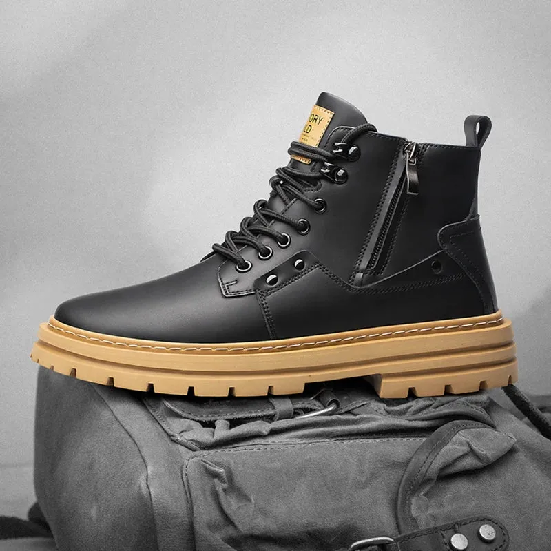 Men's Elevated Shoes Personalized Genuine Leather Boots Men's Outdoor Work Wear Boots Winter High Top Shoes