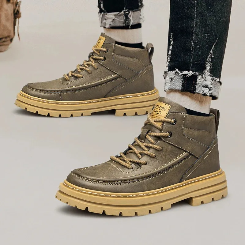 Men's Elevated Shoes Personalized Genuine Leather Boots Men's Outdoor Work Wear Boots Winter High Top Shoes