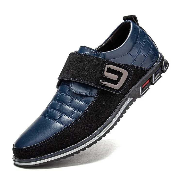 Men's Metal Decor Genuine Leather Splicing Non-Slip Velcro Business Casual Shoes