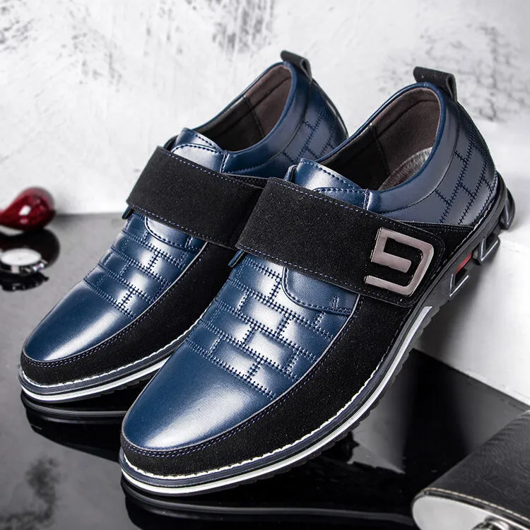 Men's Metal Decor Genuine Leather Splicing Non-Slip Velcro Business Casual Shoes