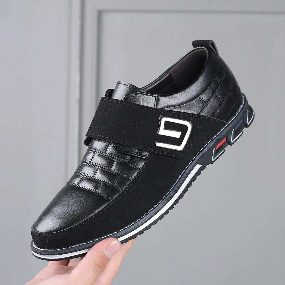 Men's Metal Decor Genuine Leather Splicing Non-Slip Velcro Business Casual Shoes