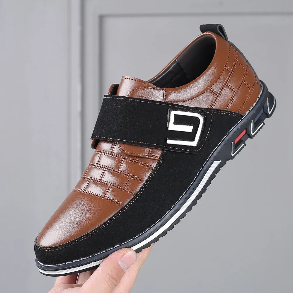 Men's Metal Decor Genuine Leather Splicing Non-Slip Velcro Business Casual Shoes