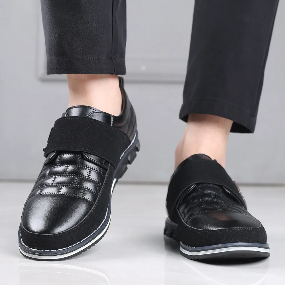 Men's Metal Decor Genuine Leather Splicing Non-Slip Velcro Business Casual Shoes