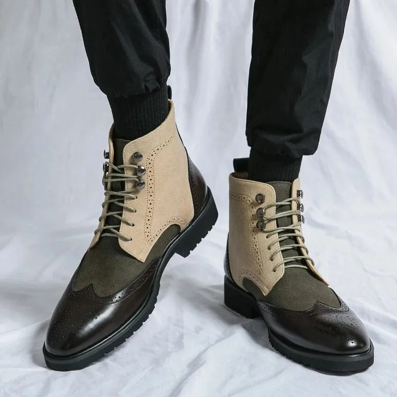 Men's Two-Tone Leather Combat Boots | Lace-Up Front Stylish Outdoor Shoes