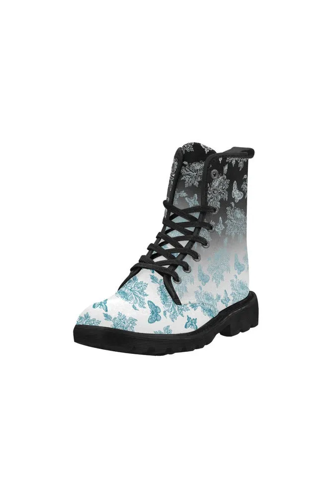 Mosaic Blue Ombre of Chrysanthemum and Butterflies Martin Boots for Women (Black)