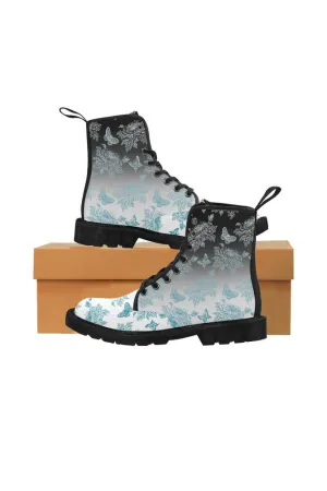 Mosaic Blue Ombre of Chrysanthemum and Butterflies Martin Boots for Women (Black)