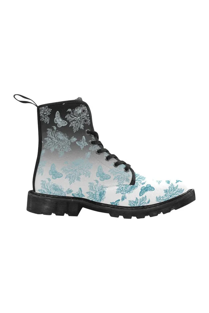 Mosaic Blue Ombre of Chrysanthemum and Butterflies Martin Boots for Women (Black)