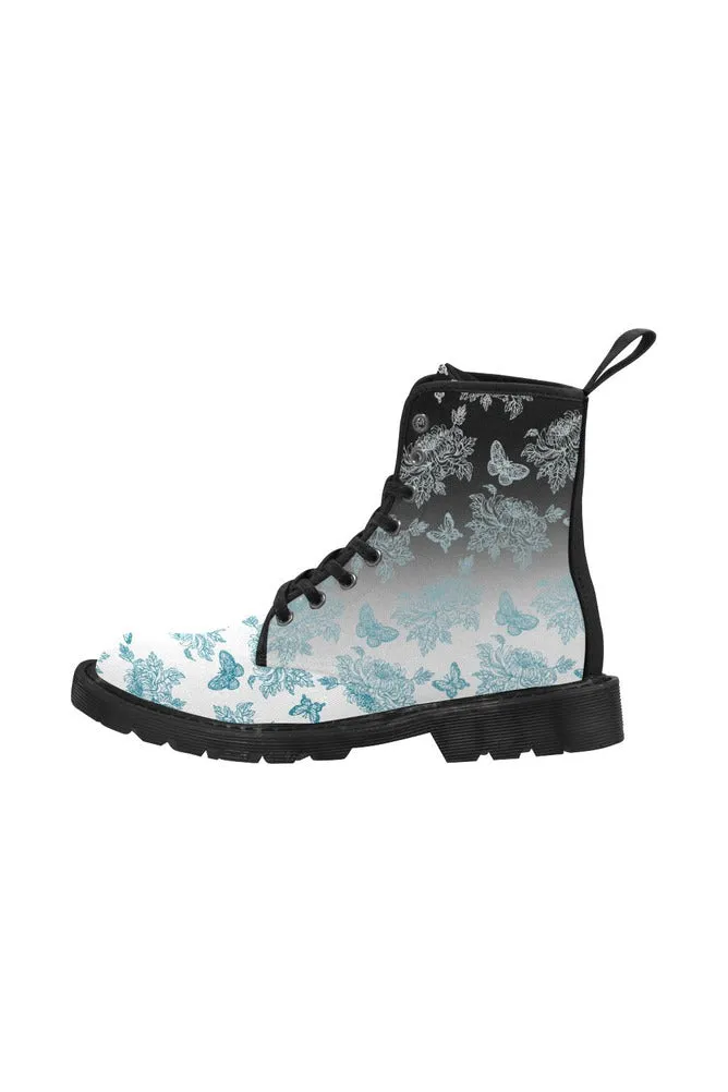 Mosaic Blue Ombre of Chrysanthemum and Butterflies Martin Boots for Women (Black)