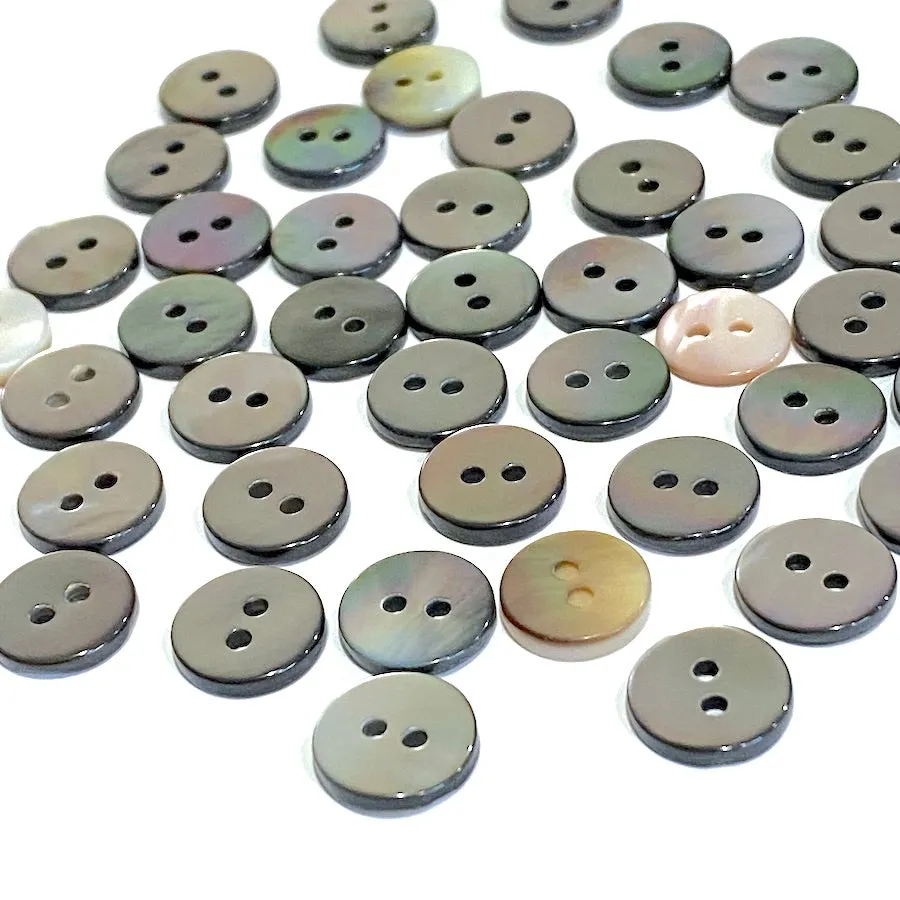 Mostly Silvery Charcoal 7/16" - 1/2" Tiny Shiny Iridescent Shell, 11-12mm Pack of 100 Buttons  # LP-78