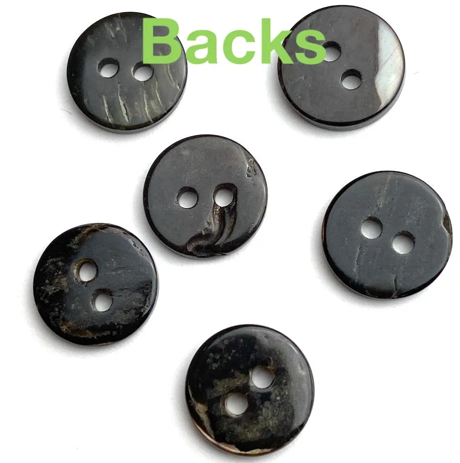 Mostly Silvery Charcoal 7/16" - 1/2" Tiny Shiny Iridescent Shell, 11-12mm Pack of 100 Buttons  # LP-78