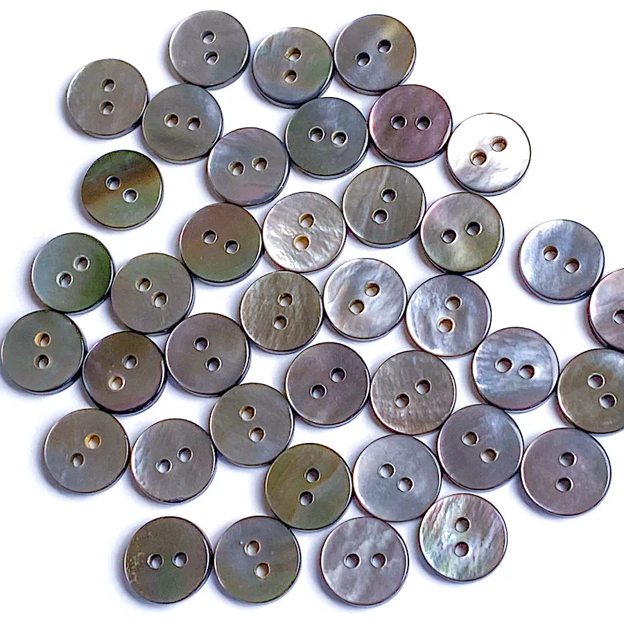 Mostly Silvery Charcoal 7/16" - 1/2" Tiny Shiny Iridescent Shell, 11-12mm Pack of 100 Buttons  # LP-78