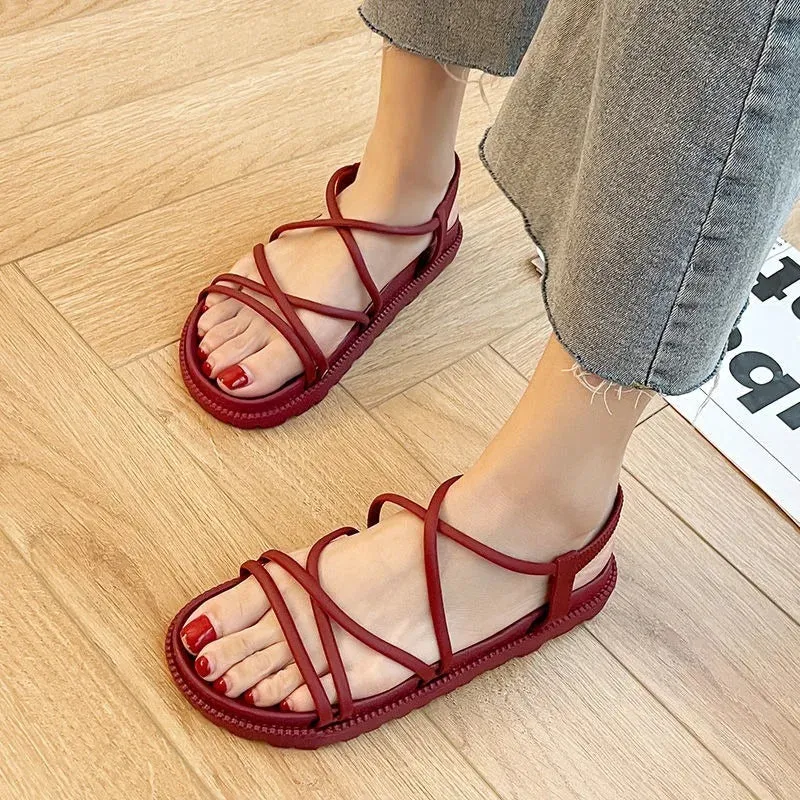 New Sandal Woman Summer Beach Without Heel Comfortable Flat Women Roman Espadrilles Sandals Black Pink Red Sexy