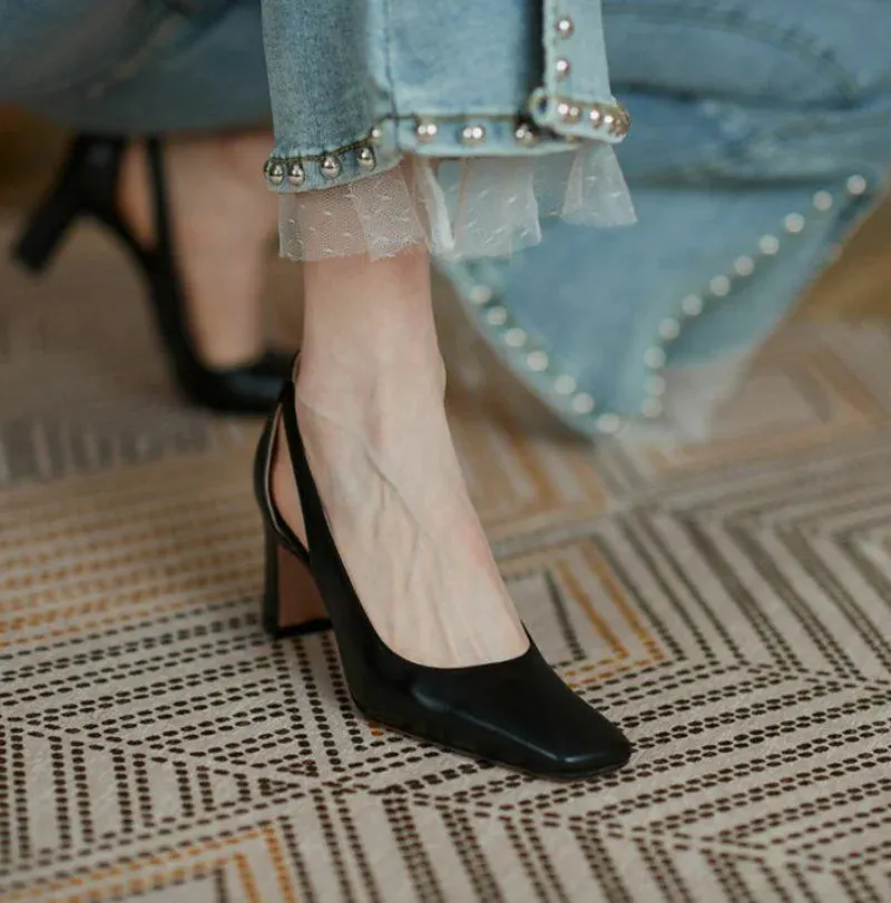 Office Ladies Summer Footwear High Heels Pumps on Heeled Square Toe Shoes for Women Normal Leather Casual Slip A Vacation