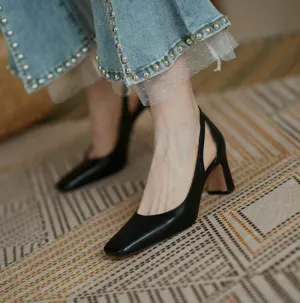 Office Ladies Summer Footwear High Heels Pumps on Heeled Square Toe Shoes for Women Normal Leather Casual Slip A Vacation