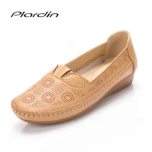 Plardin Appliques Ballet Summer Flower Print Women Genuine Leather Shoes Woman Flat Flexible Nurse Peas Loafer Hollowing out