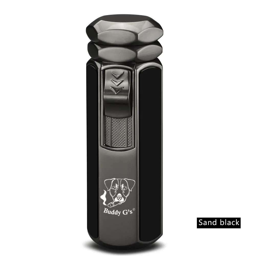 Quad Flame Hexagon Shape Cigar Lighter - Shiny Metal, Windproof, Refillable Butane Adjustable Jet Torch Lighter