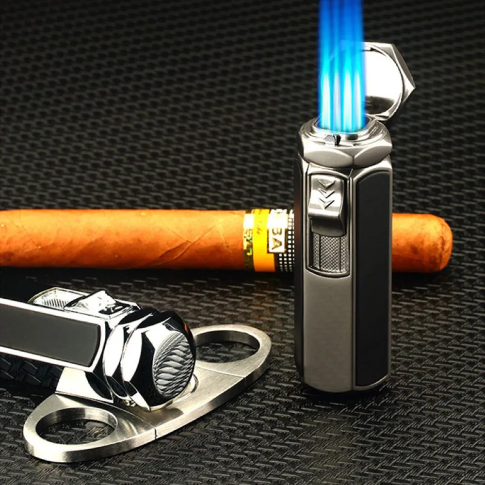 Quad Flame Hexagon Shape Cigar Lighter - Shiny Metal, Windproof, Refillable Butane Adjustable Jet Torch Lighter