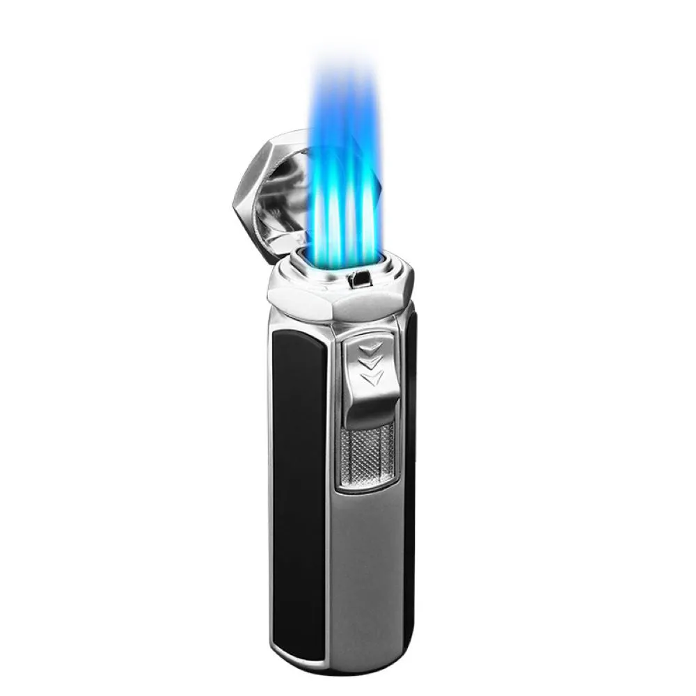 Quad Flame Hexagon Shape Cigar Lighter - Shiny Metal, Windproof, Refillable Butane Adjustable Jet Torch Lighter