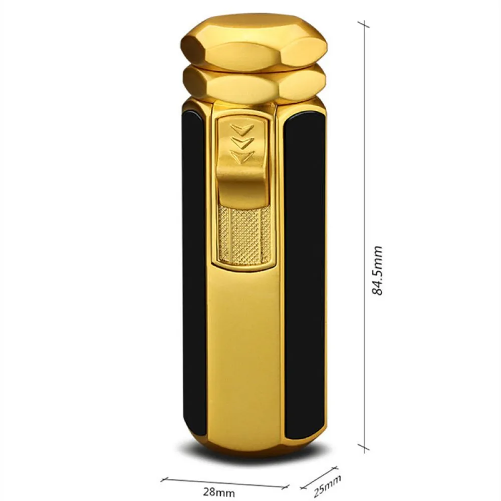 Quad Flame Hexagon Shape Cigar Lighter - Shiny Metal, Windproof, Refillable Butane Adjustable Jet Torch Lighter