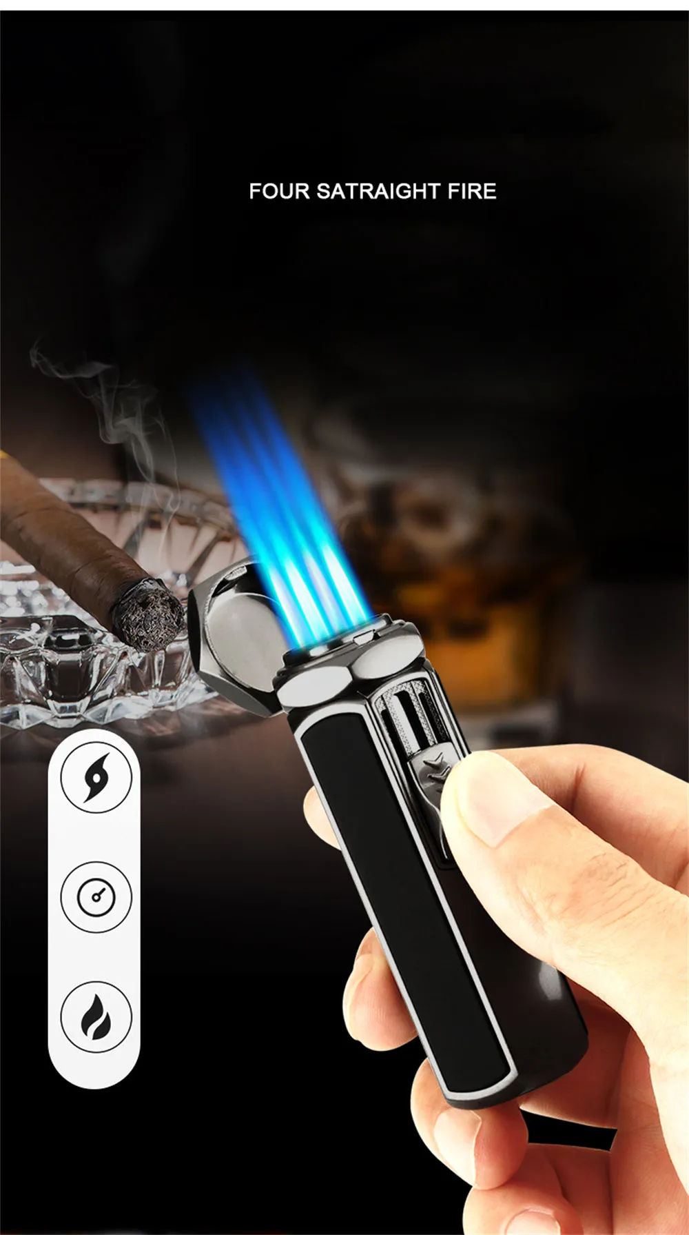 Quad Flame Hexagon Shape Cigar Lighter - Shiny Metal, Windproof, Refillable Butane Adjustable Jet Torch Lighter