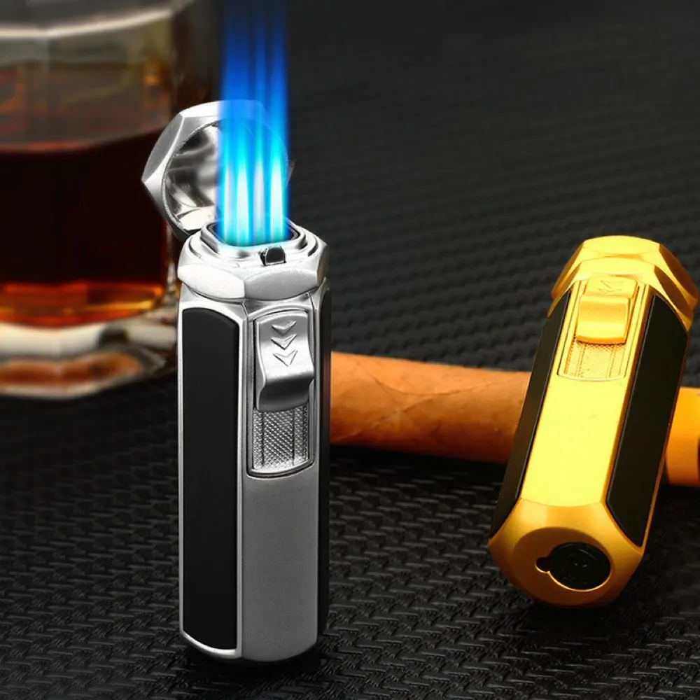 Quad Flame Hexagon Shape Cigar Lighter - Shiny Metal, Windproof, Refillable Butane Adjustable Jet Torch Lighter