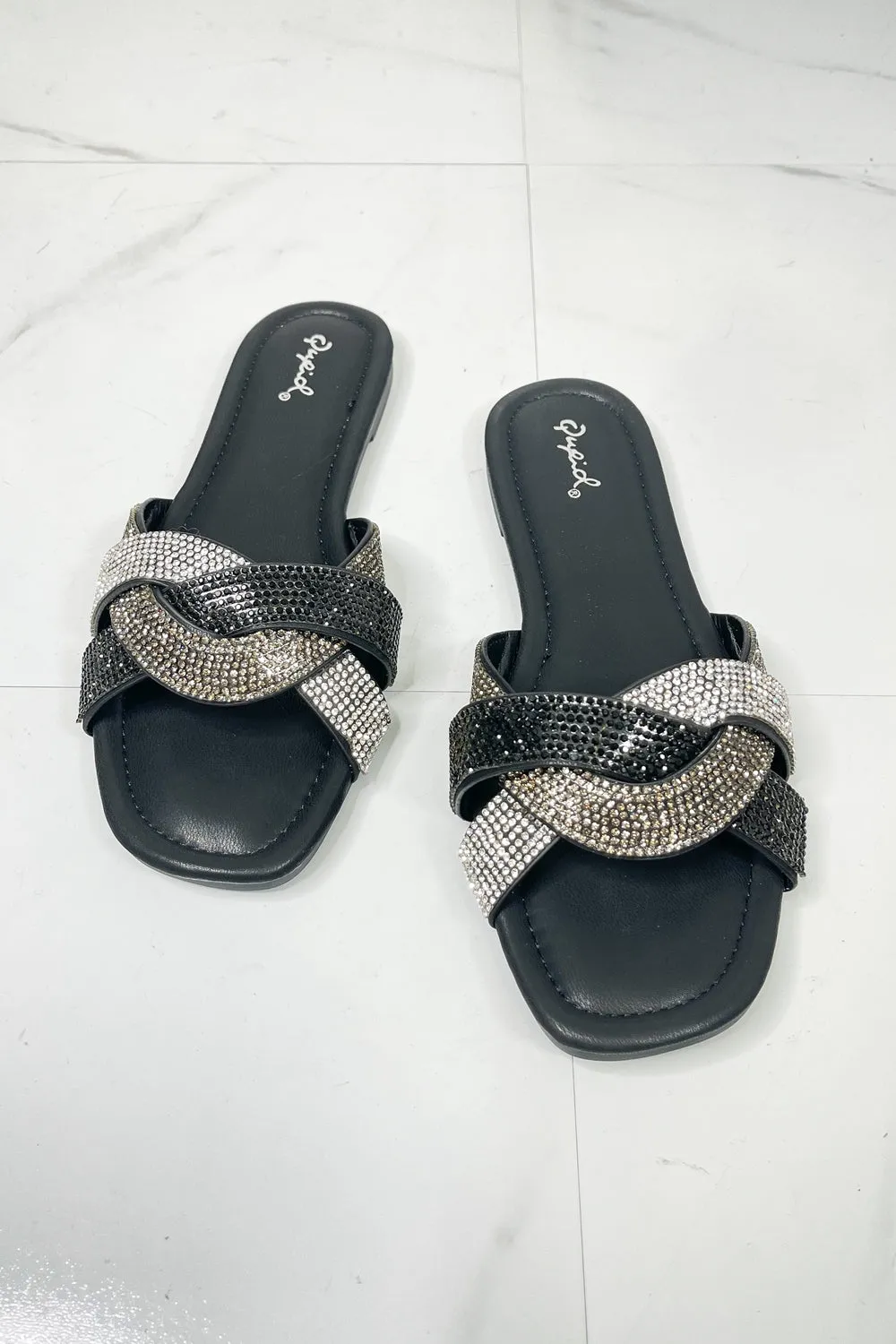 Qupid Shining Brighter Rhinestone Woven Strap Slide