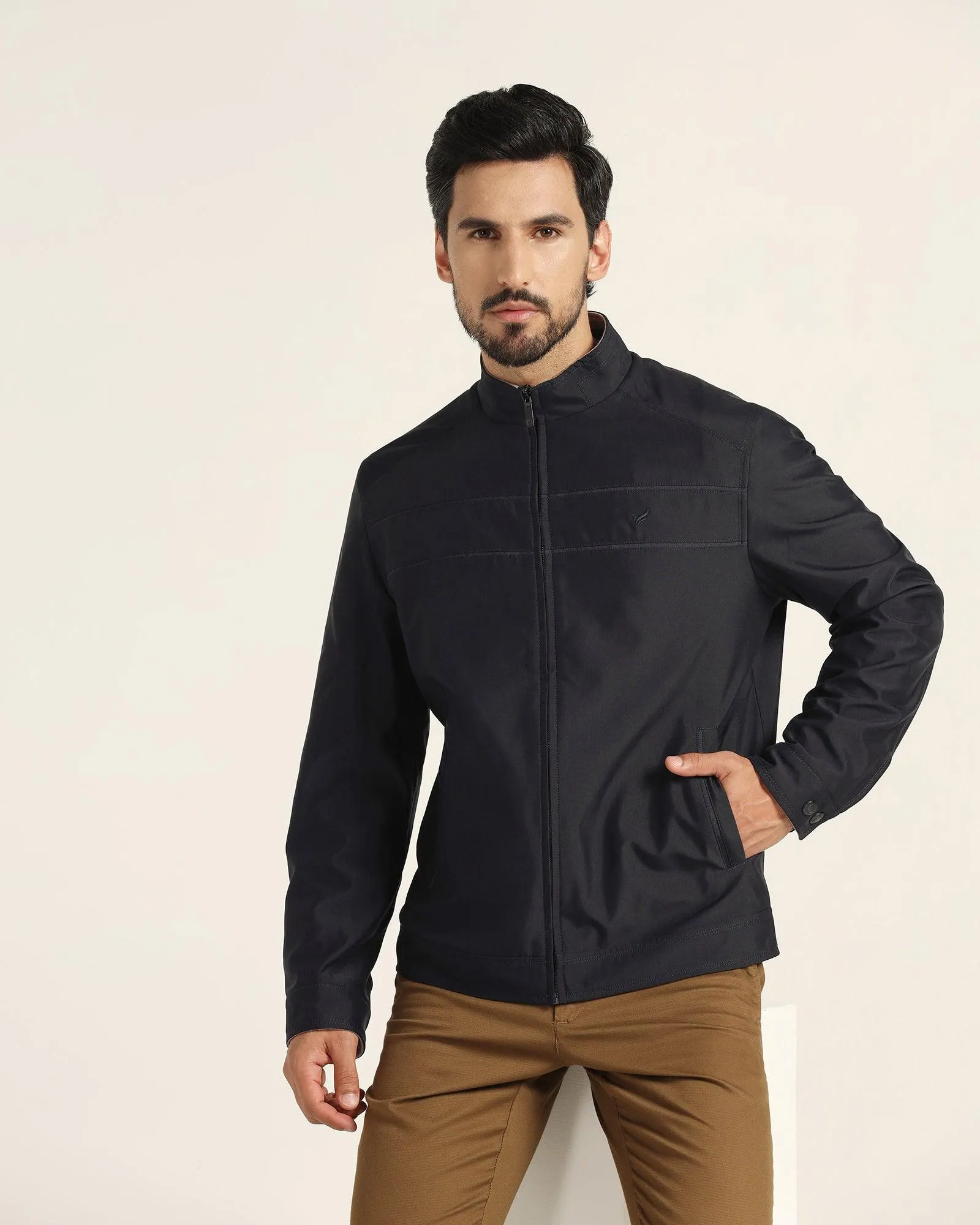 Reversible Navy Solid Zipper Jacket - Levin