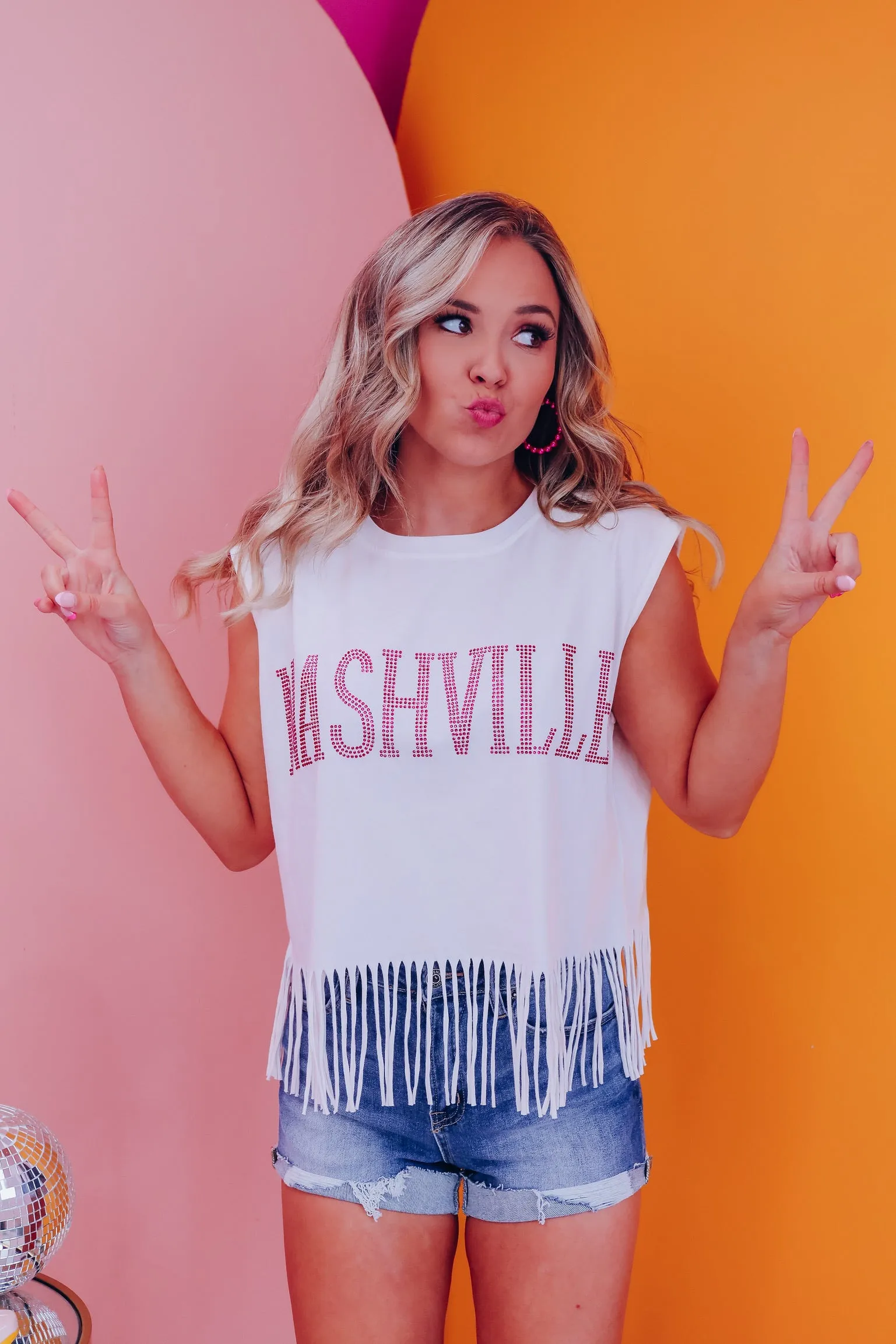 Rhinestone Nashville Fringe Graphic Tank Top - White