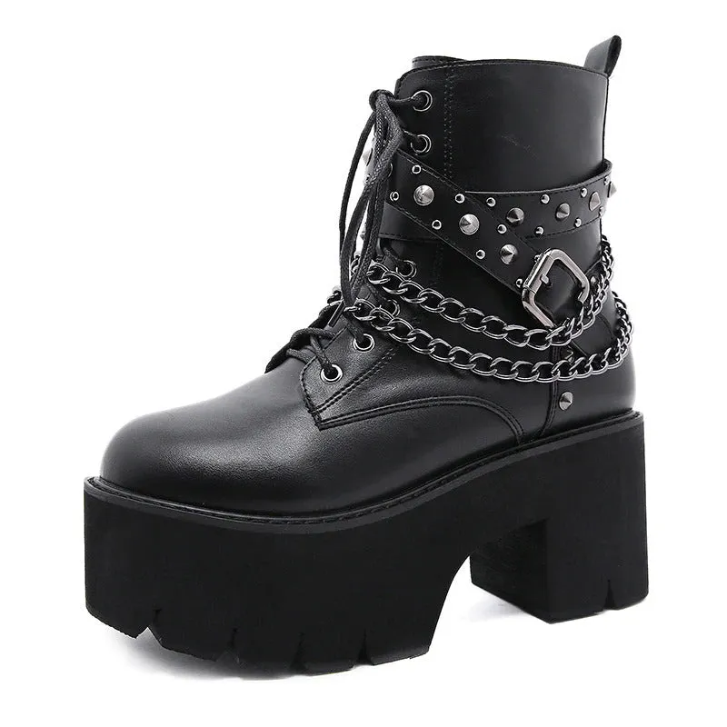 Rocking High Heel Zipper Lace-Up Rivets Chain Vegan Leather Ankle Boots