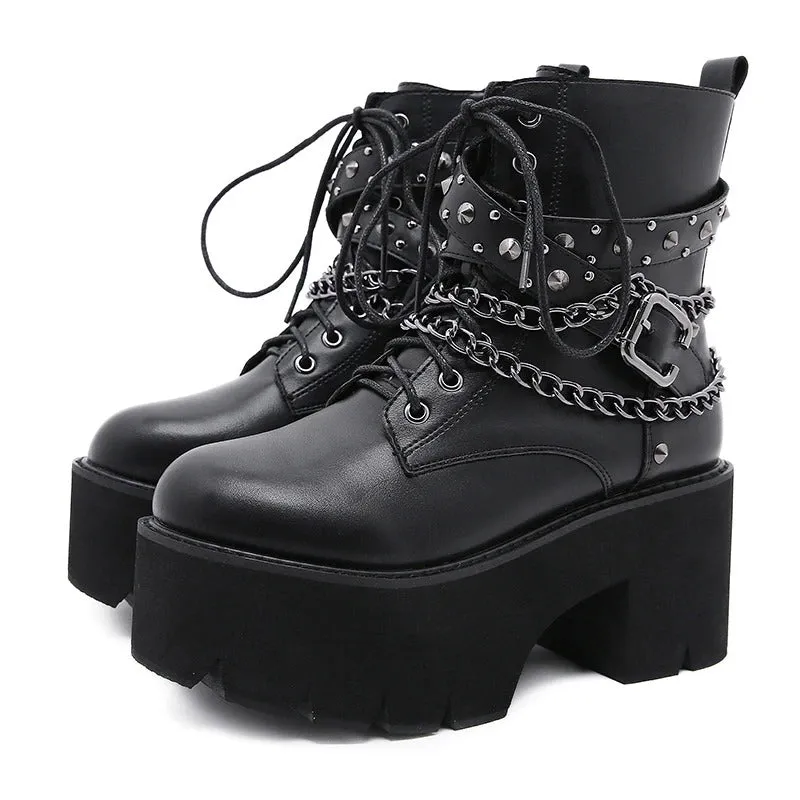 Rocking High Heel Zipper Lace-Up Rivets Chain Vegan Leather Ankle Boots