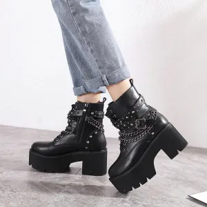 Rocking High Heel Zipper Lace-Up Rivets Chain Vegan Leather Ankle Boots