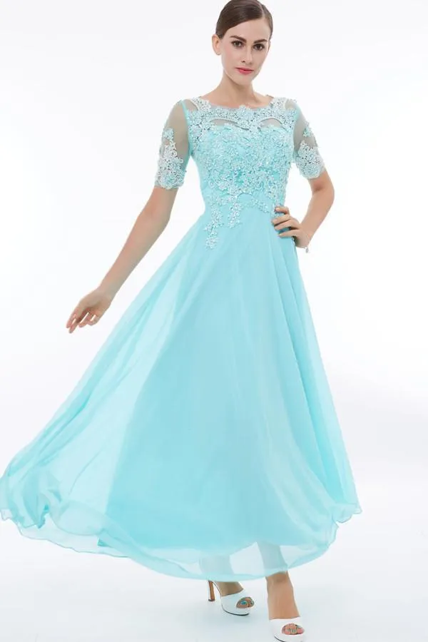 Scoop Neck Short Sleeves Beading Appliques Prom Dress Evening Dresses PG324