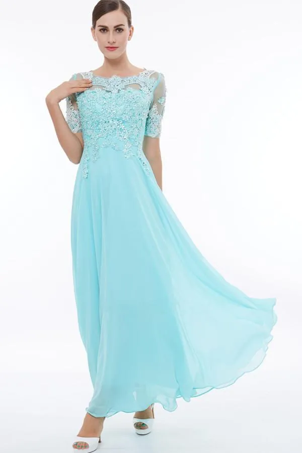 Scoop Neck Short Sleeves Beading Appliques Prom Dress Evening Dresses PG324