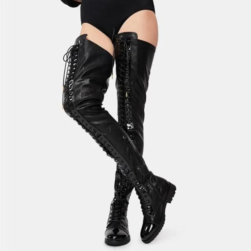 Shiny Black Lace-up Side Zipper Low Heel Full Length Thigh Boots