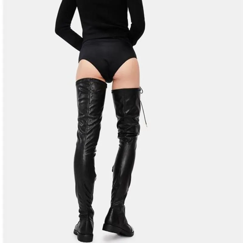 Shiny Black Lace-up Side Zipper Low Heel Full Length Thigh Boots