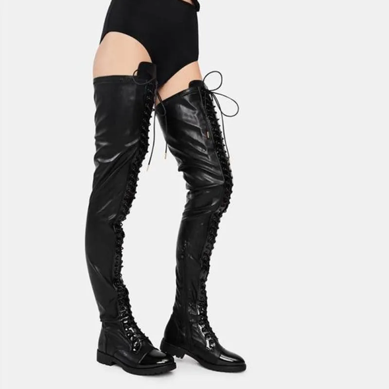 Shiny Black Lace-up Side Zipper Low Heel Full Length Thigh Boots