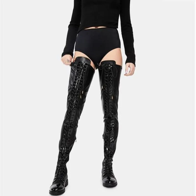 Shiny Black Lace-up Side Zipper Low Heel Full Length Thigh Boots