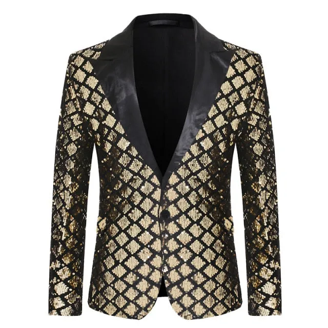 Shiny Sequin Glitter Plaid Tuxedo Men Blazer