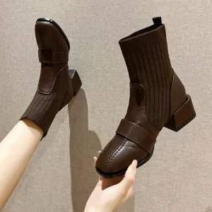 Sohiwoo Female Ankle Boots Sock Short Shoes For Women Elastic Booties Brown Footwear Comfortable And Elegant On Offer Korean Style Pu