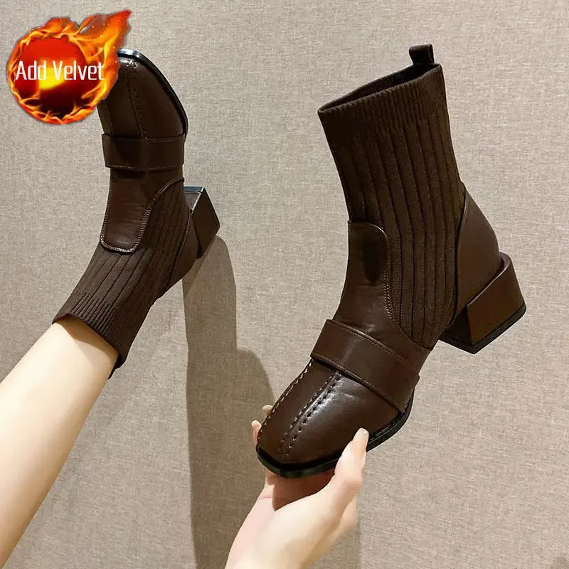 Sohiwoo Female Ankle Boots Sock Short Shoes For Women Elastic Booties Brown Footwear Comfortable And Elegant On Offer Korean Style Pu