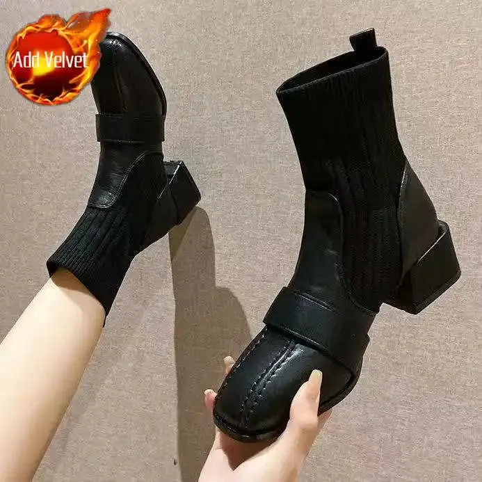 Sohiwoo Female Ankle Boots Sock Short Shoes For Women Elastic Booties Brown Footwear Comfortable And Elegant On Offer Korean Style Pu