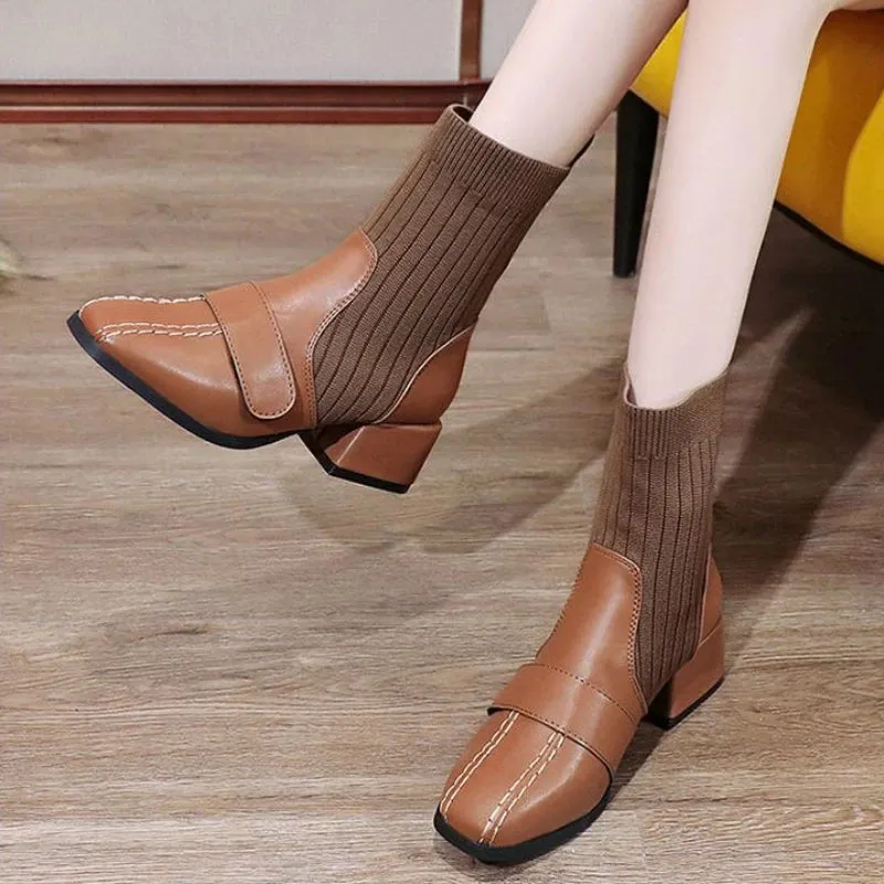 Sohiwoo Female Ankle Boots Sock Short Shoes For Women Elastic Booties Brown Footwear Comfortable And Elegant On Offer Korean Style Pu