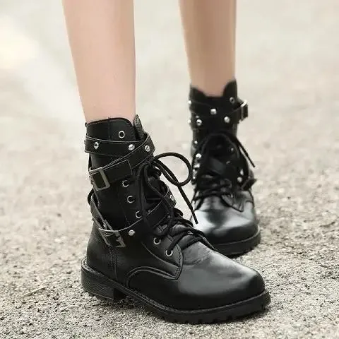 Sohiwoo Ladies Boots Elegant with Low Heels Footwear Biker Shoes for Women Mid Calf Black Work Half High Gothic Boot Goth Gyaru Y2k Hot