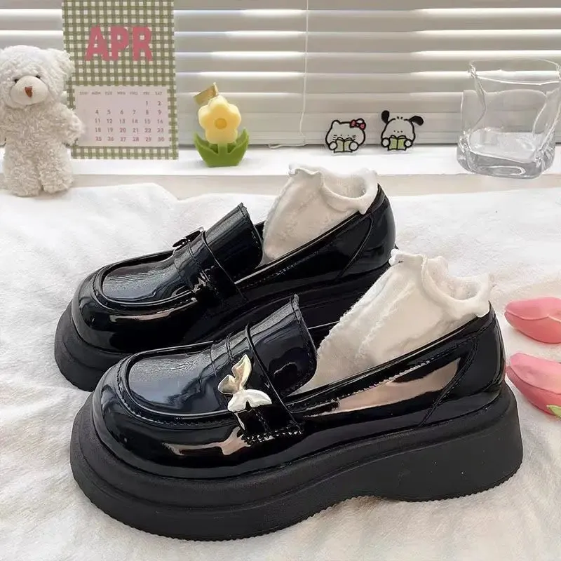 Sohiwoo Ladies Summer Footwear Loafers Shoes for Women 2024 Normal Leather Casual Platform Round Toe Black Cute Kawaii on Sale Fashion E