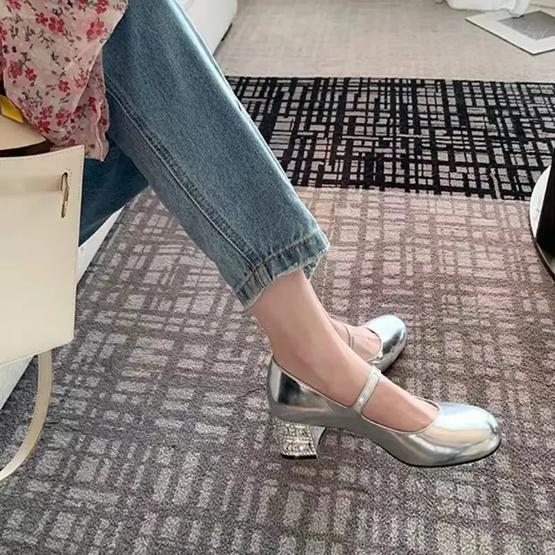 Sohiwoo Shoes for Woman 2024 Rhinestone Women's Summer Footwear with Medium Heels Silver Crystals Pearl Gothic Mary Jane Round Toe