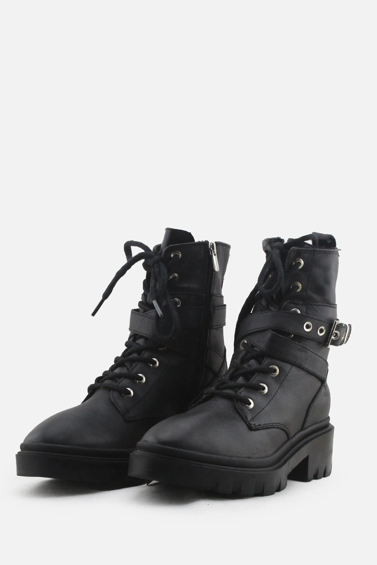 Stradivarius Zipper Laces Buckle Straps Combat Boots | 100% Authentic Leather