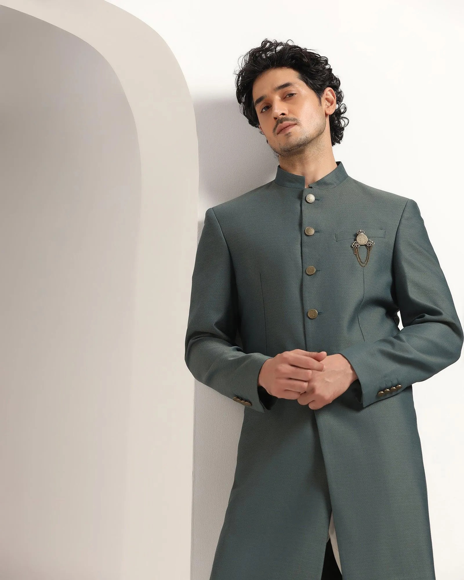 Swarn Two Piece Dark Green Textured Achkan Set - Dimitri