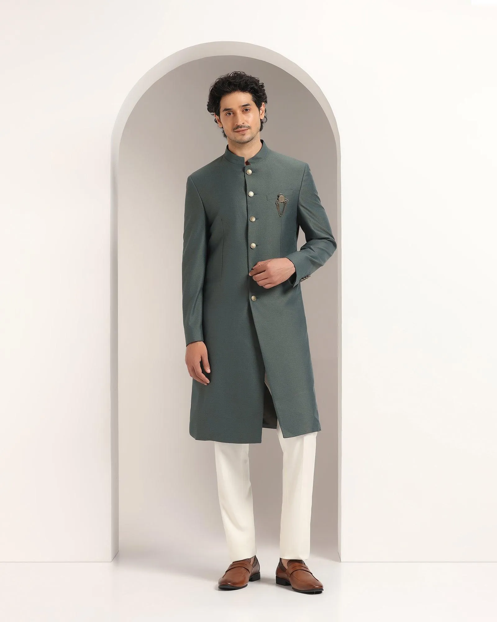 Swarn Two Piece Dark Green Textured Achkan Set - Dimitri